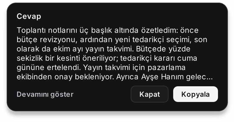 Sor cevap kartı: Kapat ve Kopyala düğmeleriyle uzun bir yanıt