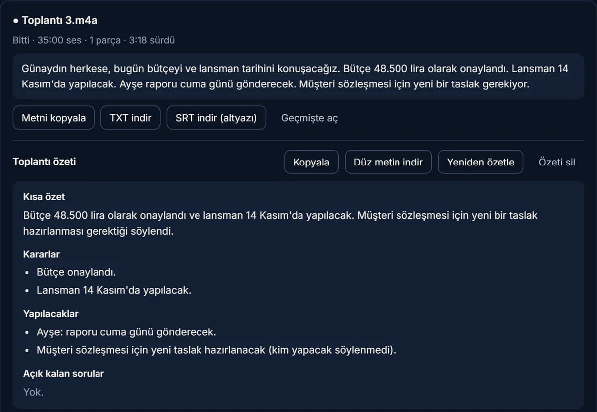 Toplantı özeti: kısa özet, kararlar, yapılacaklar ve açık kalan sorular